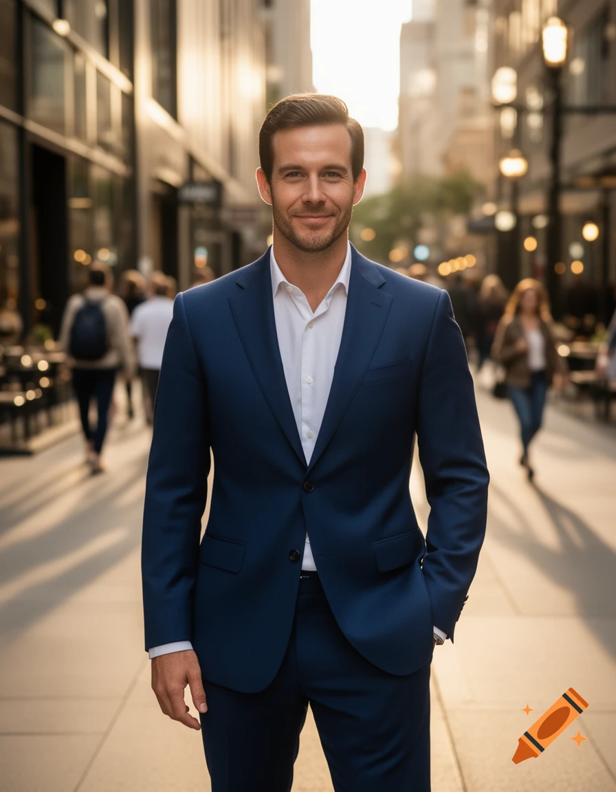A smiling man in a blue suit and white shirt stands on a busy city ...