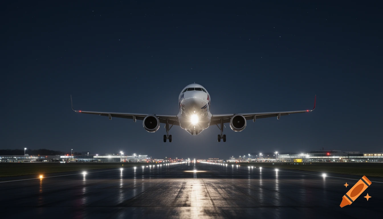 A photorealistic front view of a passenger airplane landing on a wet airport runway at night, with bright lights illuminating the scene.