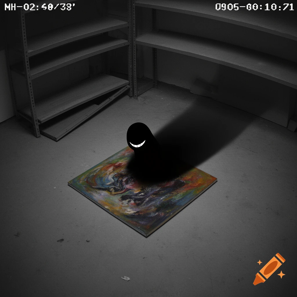 A grainy, monochrome surveillance photo shows a black shadow figure with a wide white smile emerging from an abstract painting on the floor, surrounded by empty metal shelves.