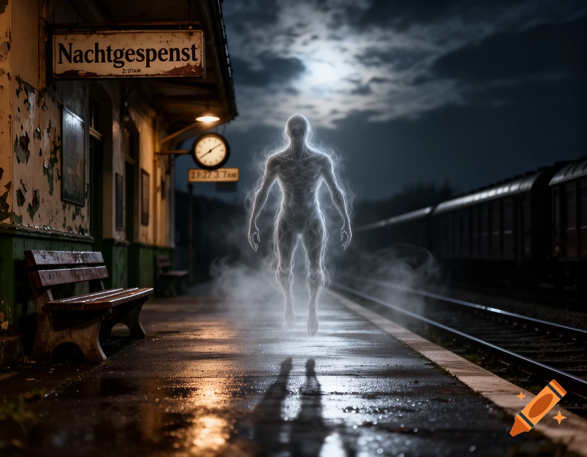 A glowing, spectral figure hovers on a wet, misty train station platform at night under a cloudy, moonlit sky. An old train sits on the tracks in the distance, and an old sign for "Nachtgespenst" is visible.