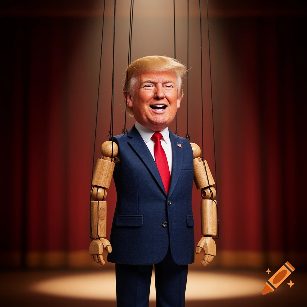 A photorealistic depiction of Donald Trump as a marionette puppet with strings on a stage with red curtains.
