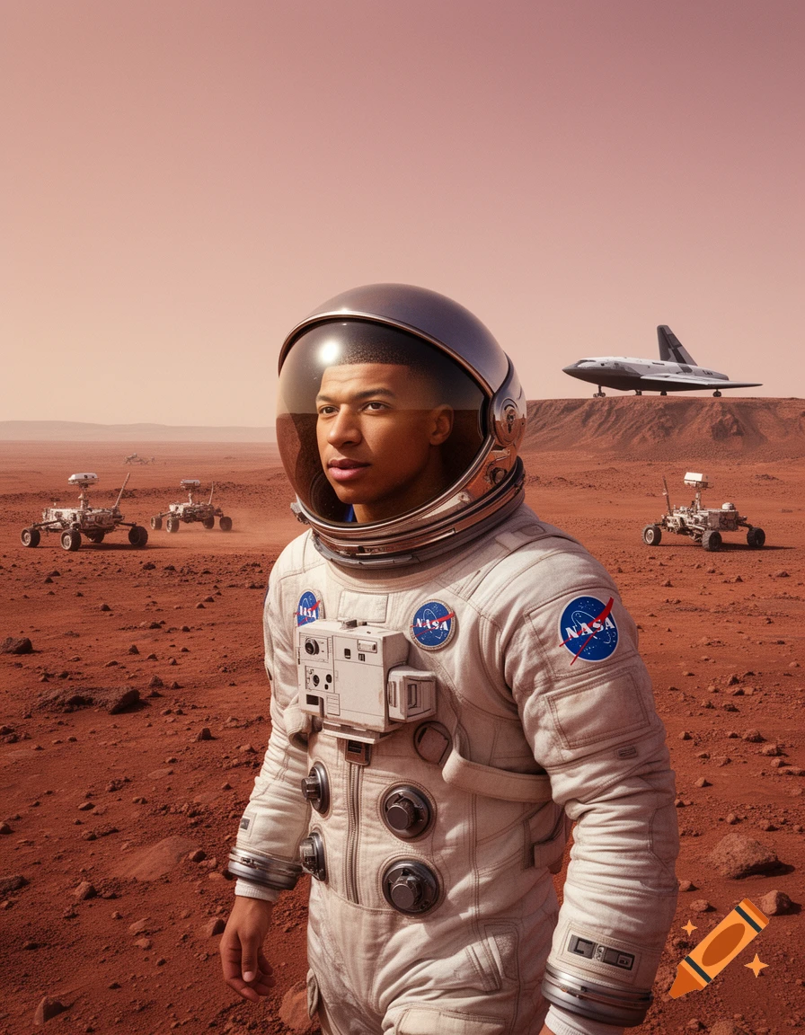A man in a white astronaut suit with a clear helmet on Mars, with several rovers and a spaceship in the distance.