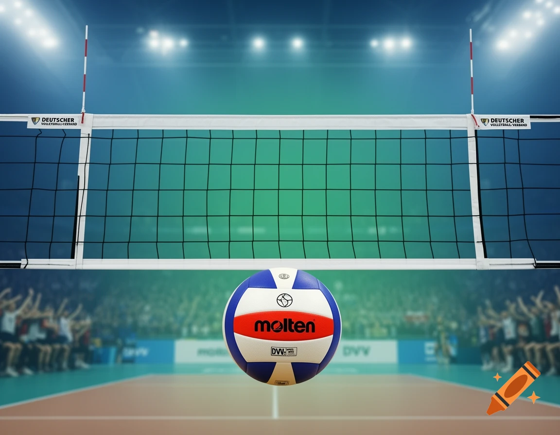 Photorealistic volleyball court with a net, antennas, and a Molten ball suspended above the floor, with blurred spectators.