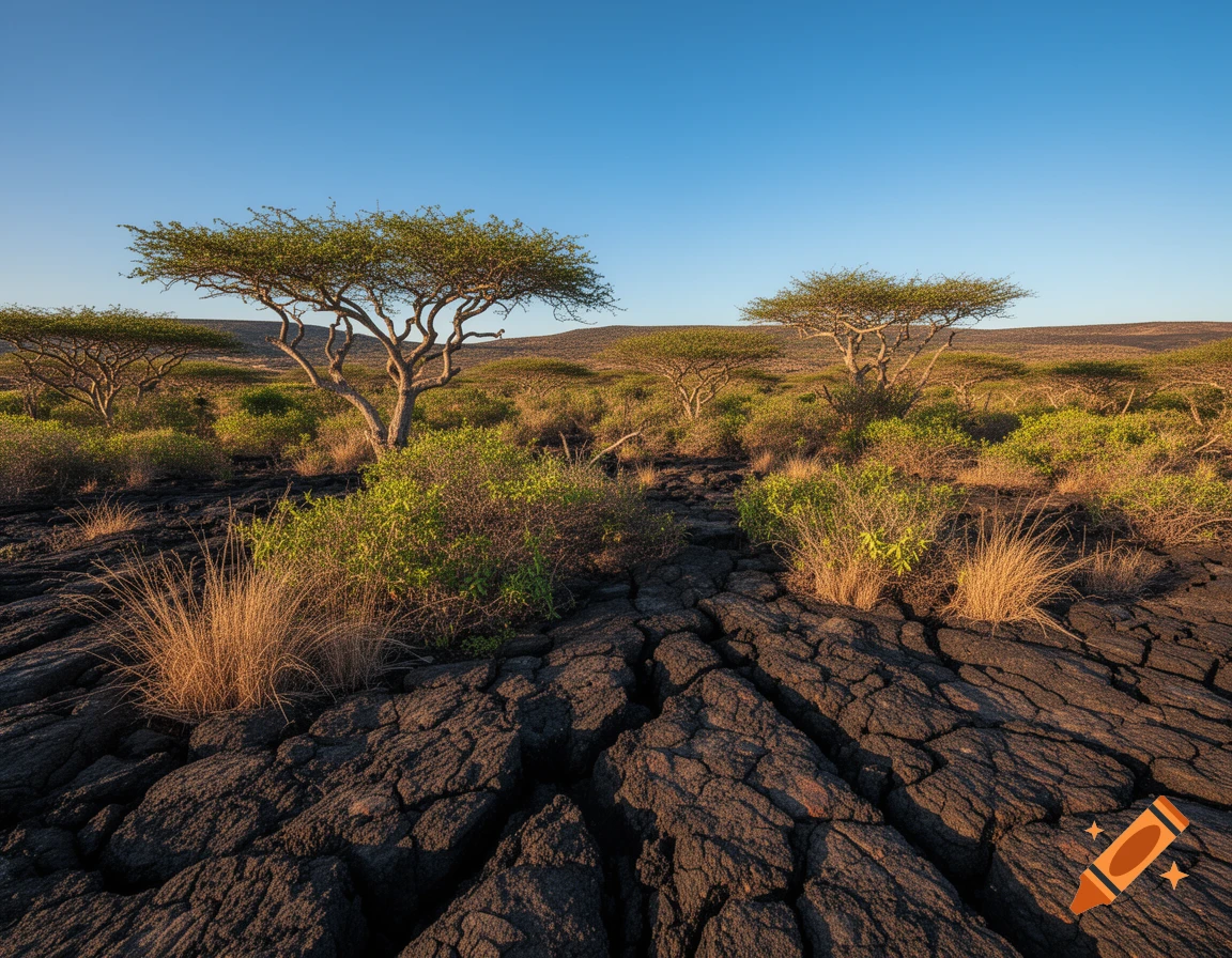 Photorealistic landscape of a dry savannah with acacia-like trees growing from cracks in dark, cooled lava under a clear blue sky.