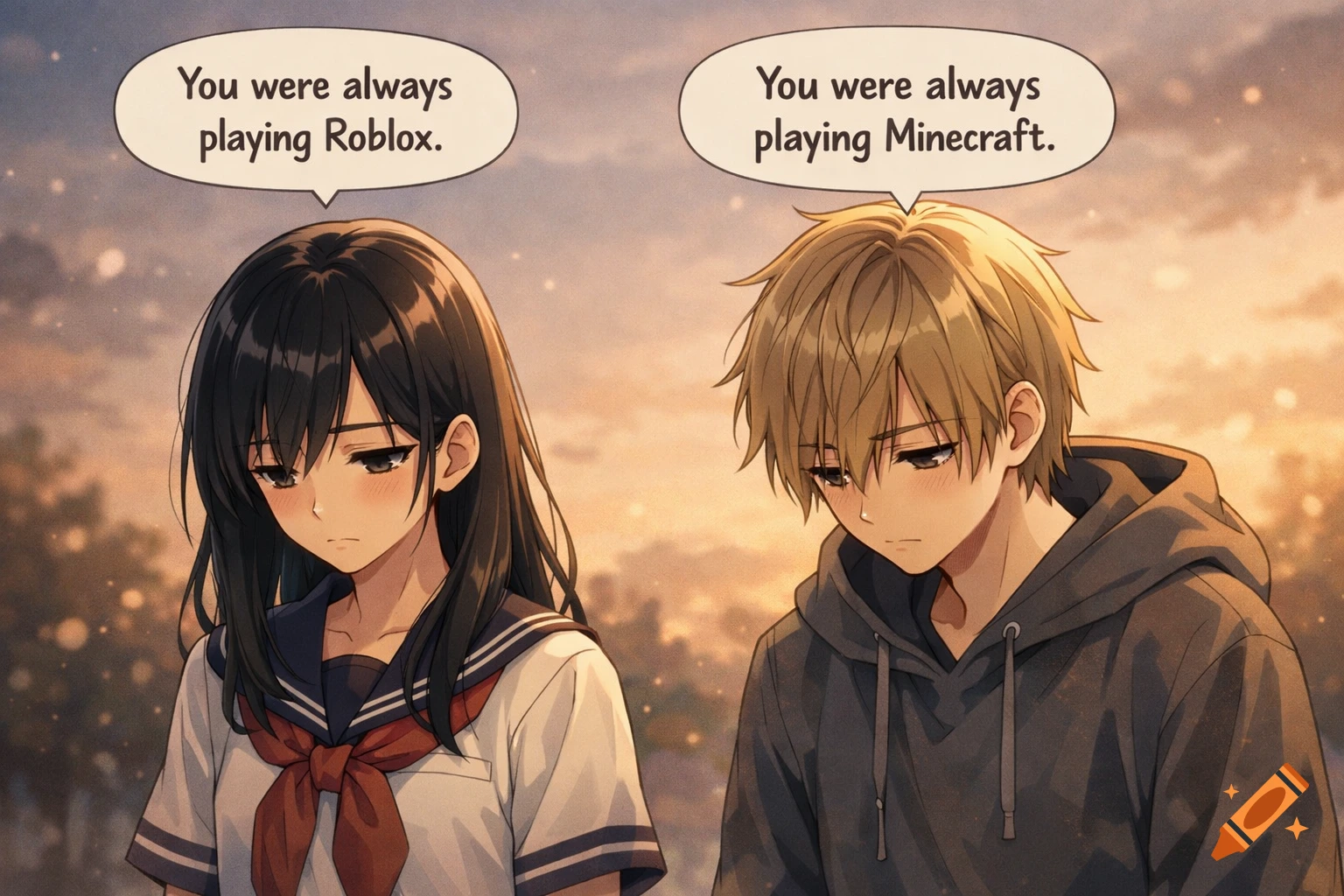 Anime-style girl and boy looking sad, with speech bubbles saying 'You were always playing Roblox.' and 'You were always playing Minecraft.' against a sunset sky.