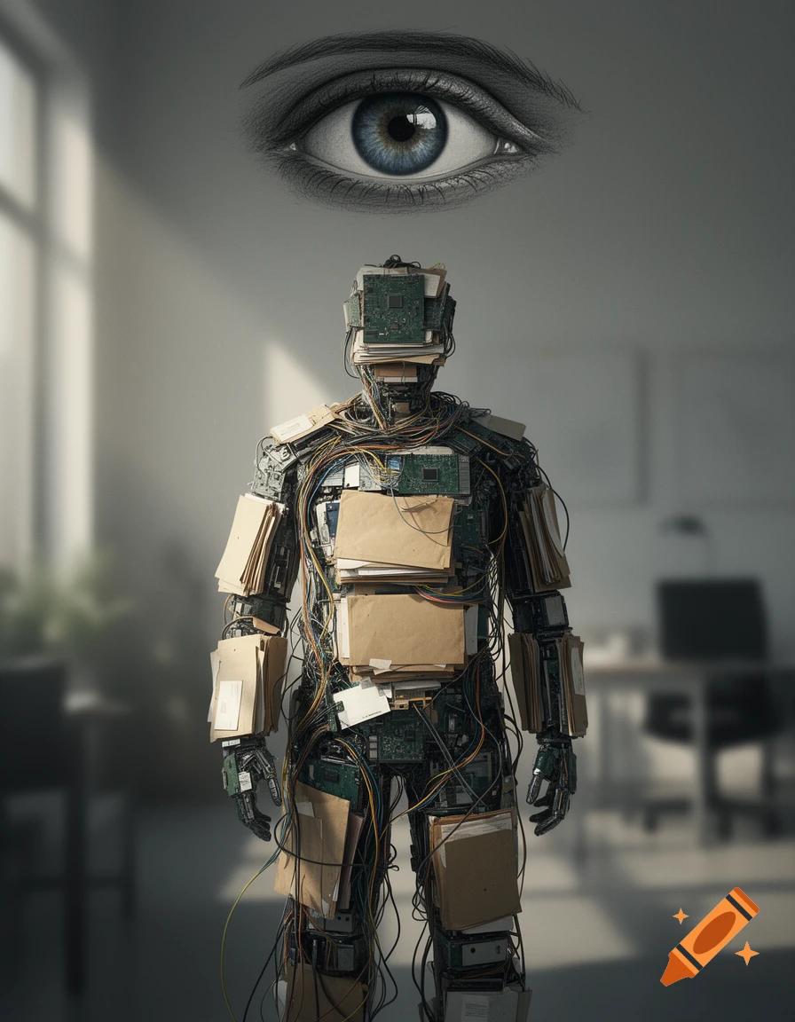 A humanoid figure made of circuit boards, wires, and paper files stands in an office, with a detailed human eye floating above its head.