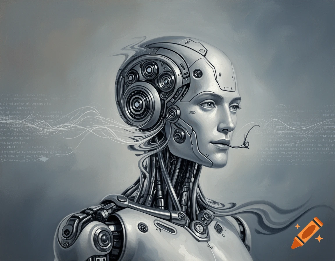 A futuristic female cyborg's head and shoulders, with visible wires and gears, against a background of abstract code and wavy lines.