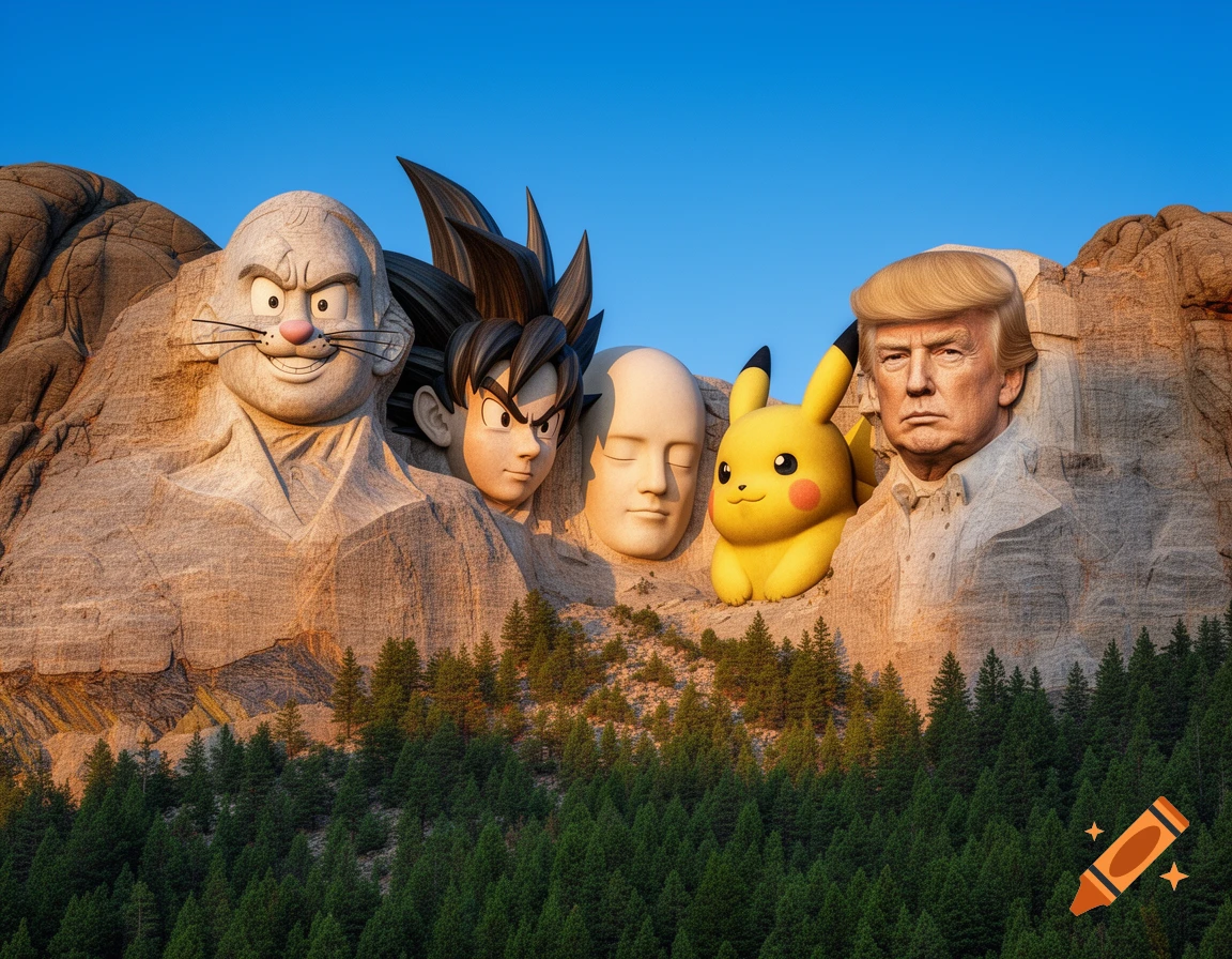 A photorealistic parody of Mount Rushmore carved into a mountain, featuring the faces of Tom from Tom and Jerry, Goku, a bald man with closed eyes, Pikachu, and Donald Trump under a clear blue sky.