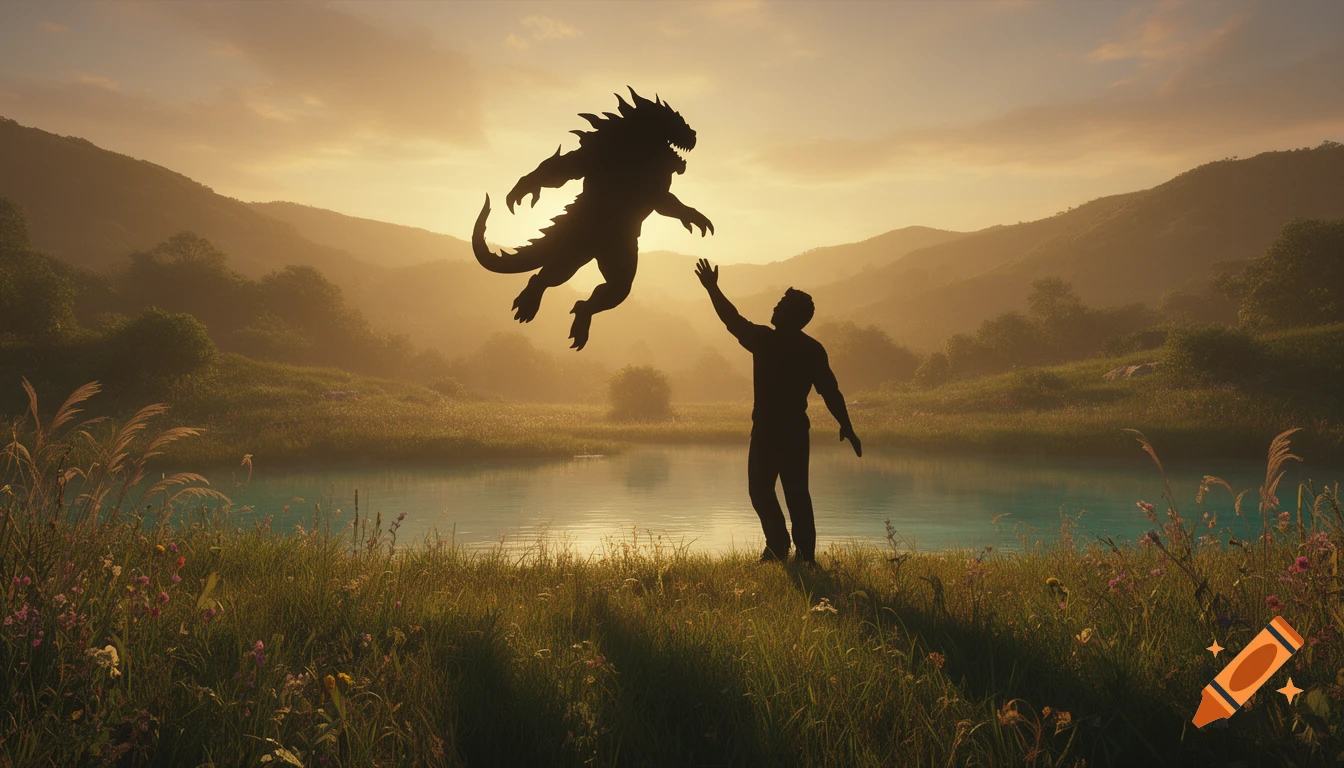 Silhouettes of a man reaching up to a flying monster against a golden sunset in a lush landscape with a lake.
