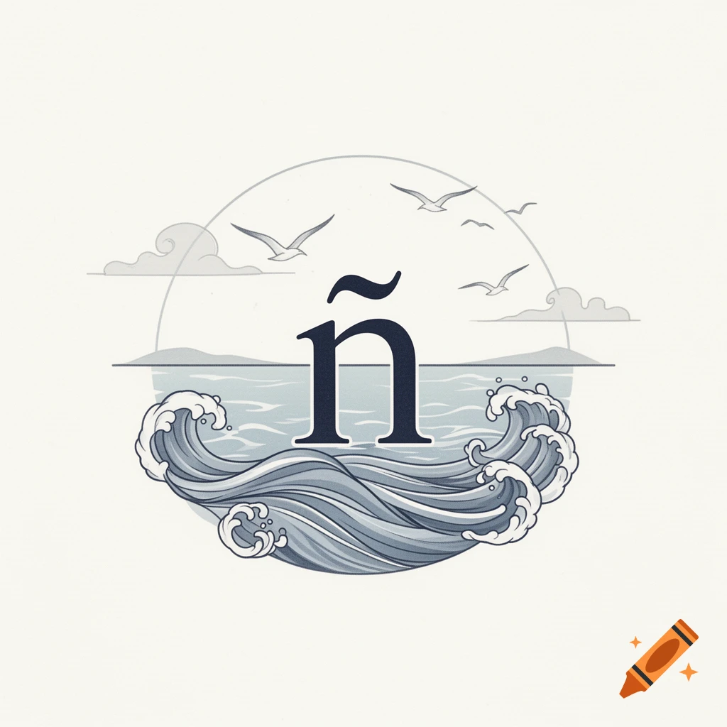 Stylized illustration of the letter '\u00f1' surrounded by ocean waves, with seagulls flying above a horizon line.