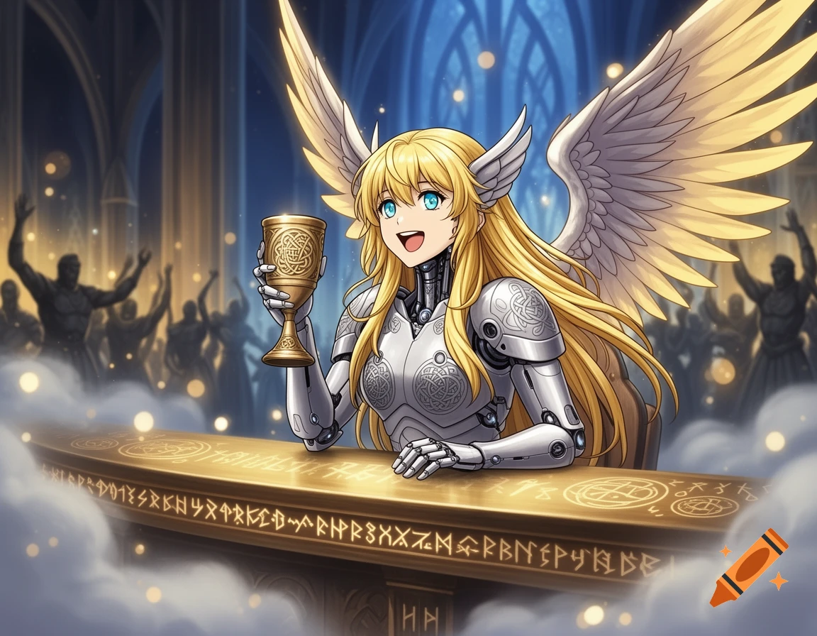 An anime-style blonde valkyrie cyborg with metallic wings laughs, holding a golden goblet at a bar adorned with symbols, in a grand hall with silhouetted figures.