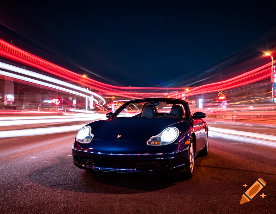 A dark blue Porsche Boxster convertible is parked on a road at night, with long red and white light trails from traffic blurring in the background.