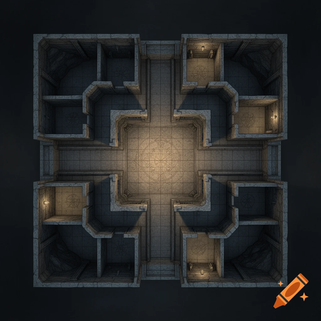 Top-down view of a detailed square fantasy crypt floor plan with a ...