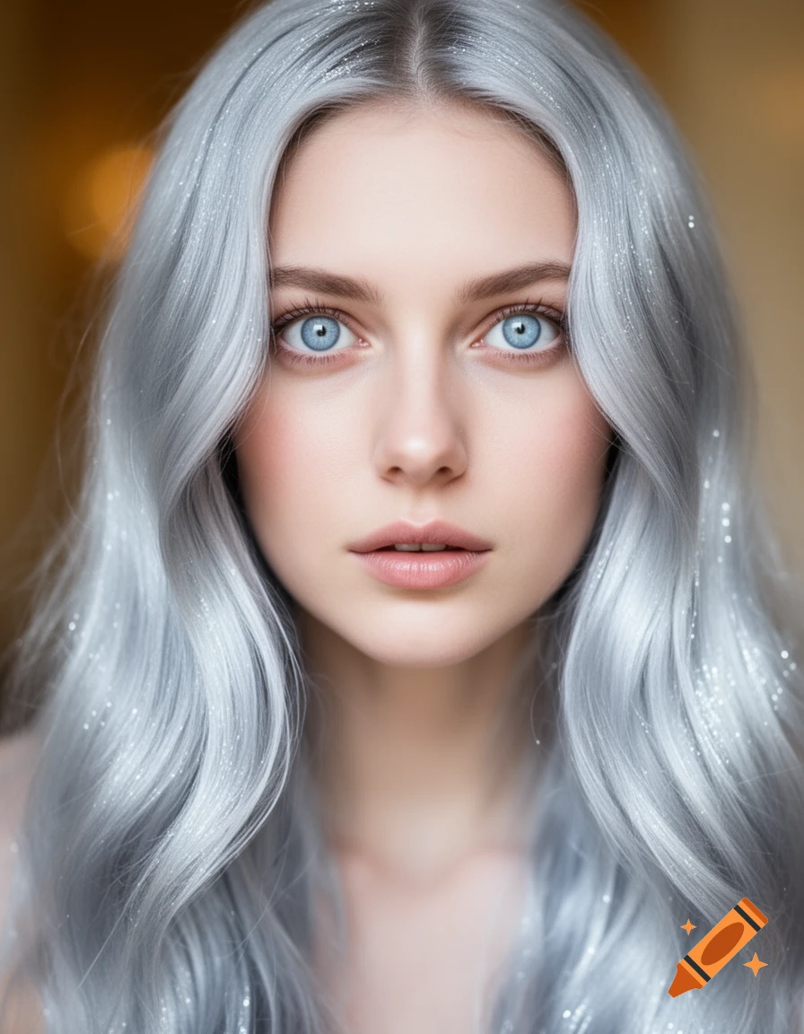 A close-up portrait of a young woman with long, wavy silver hair ...