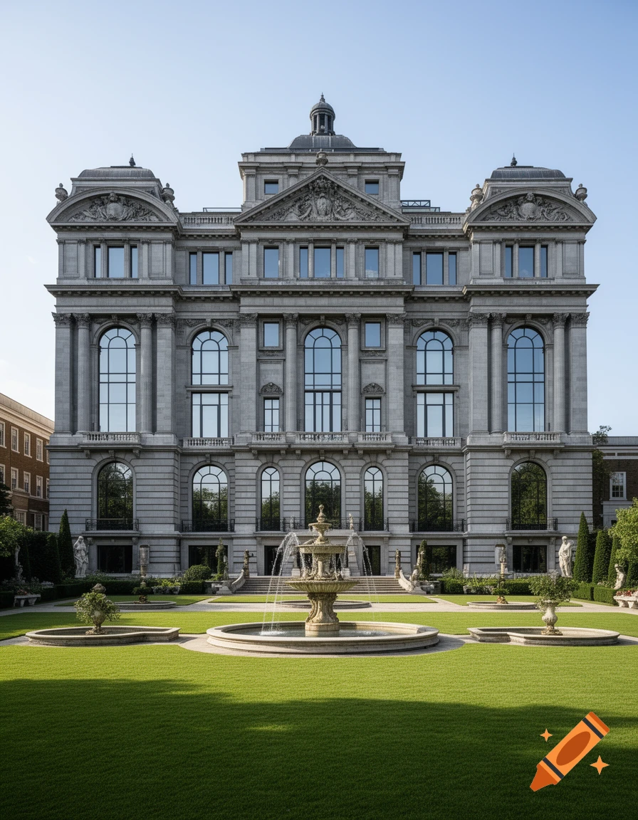 A grand grey stone mansion with ornate architectural details, a tiered fountain, and a formal green lawn.