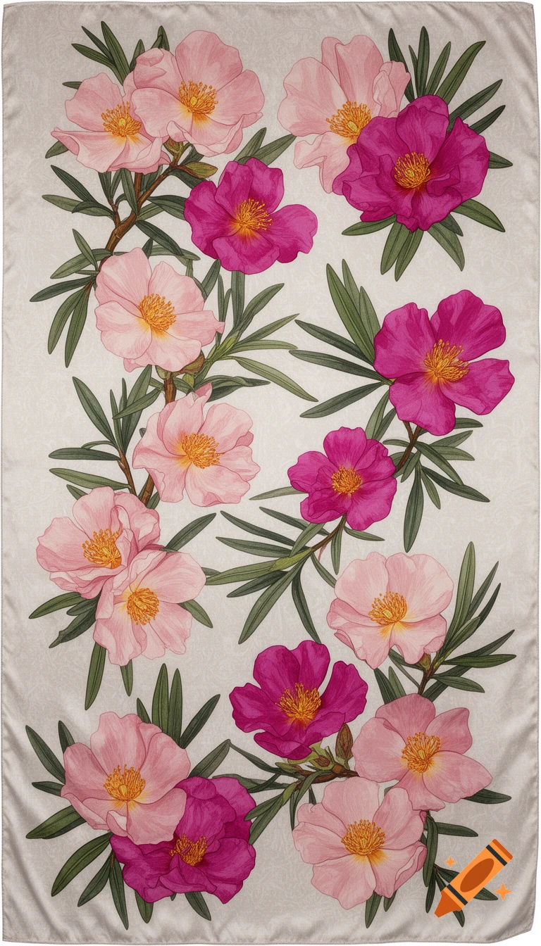 A vibrant botanical illustration of pink and fuchsia cistus flowers with green leaves, arranged on a light background, resembling a silk scarf design.