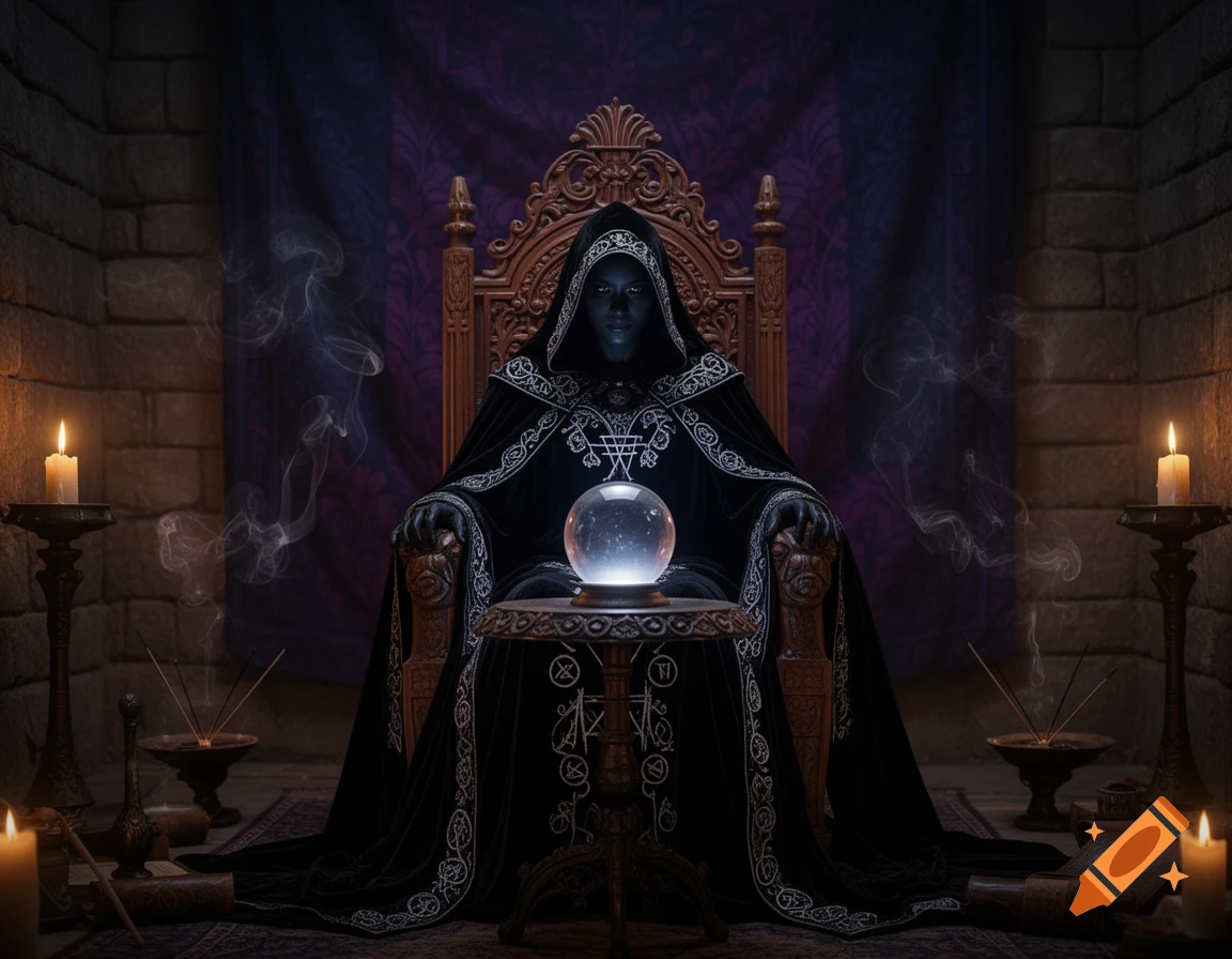 A dark hooded figure sits on an ornate throne, gazing into a glowing crystal ball. Candles and incense burn in a stone chamber.