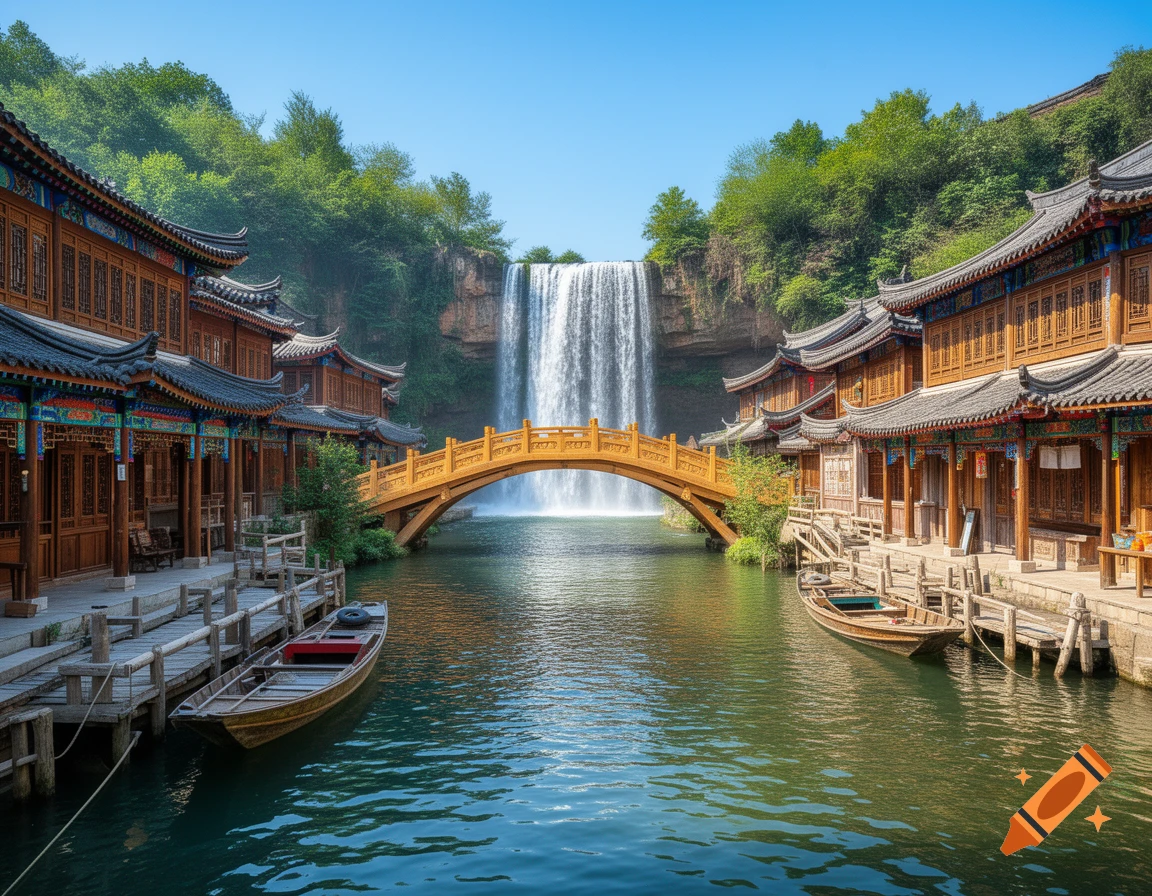 A vibrant landscape of traditional Chinese-style wooden houses lining a calm river, with a wooden arch bridge and a waterfall.