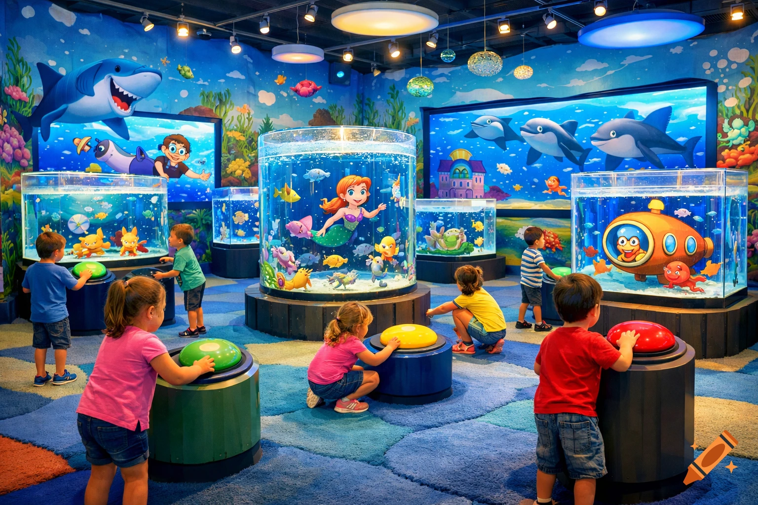 Children interact with aquariums and large screens displaying cartoon underwater scenes in a vibrant museum exhibit.