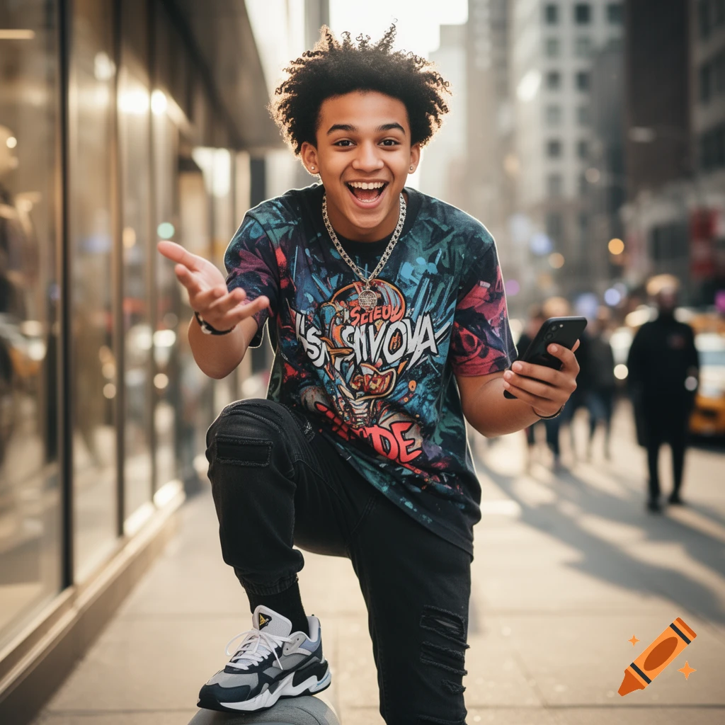 A smiling young man with curly hair wears a colorful streetwear t-shirt and ripped jeans, posing with a phone on a city sidewalk.