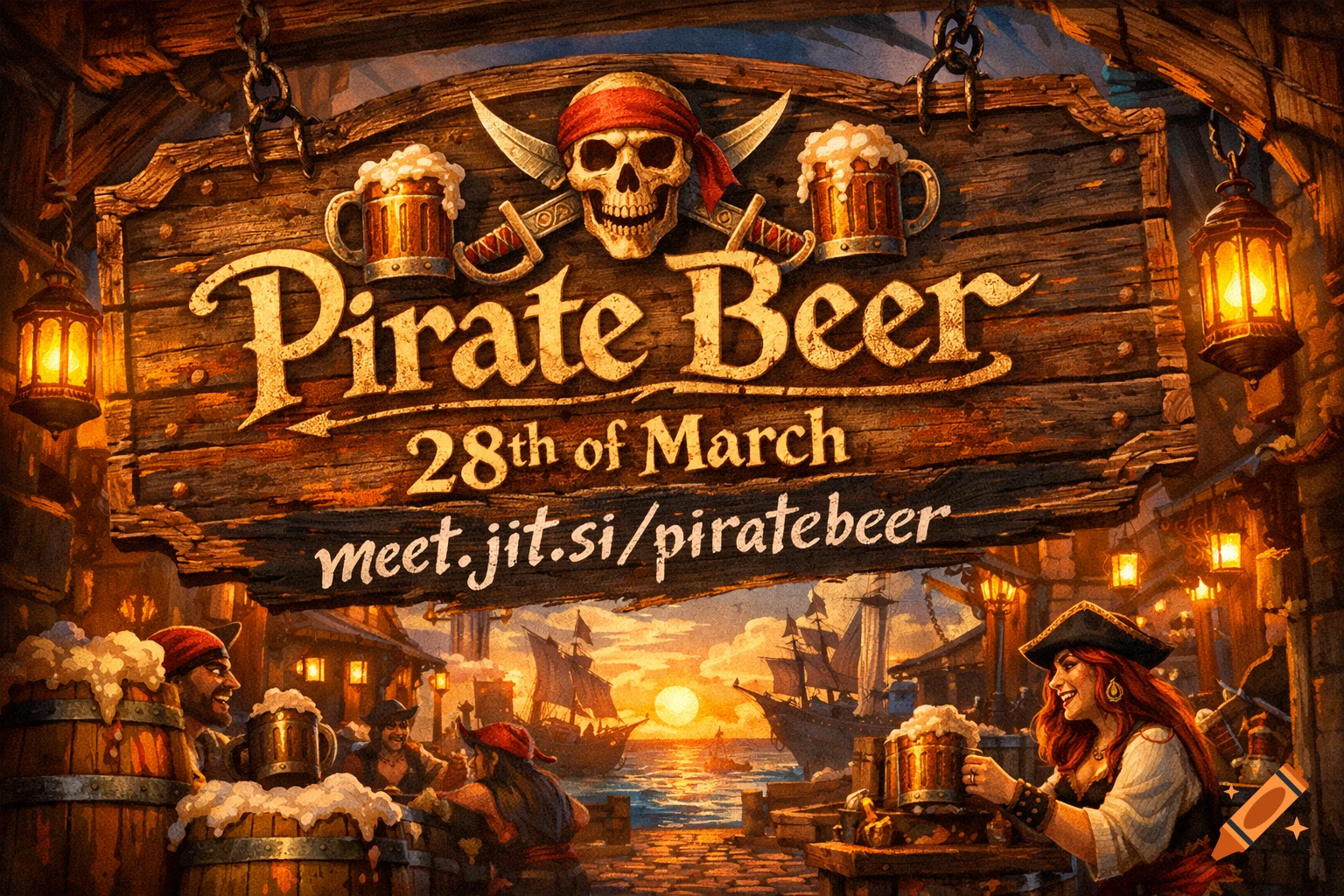 A stylized illustration of a 'Pirate Beer' sign with a skull, beer mugs, date, and URL, above a lively pirate port at sunset.