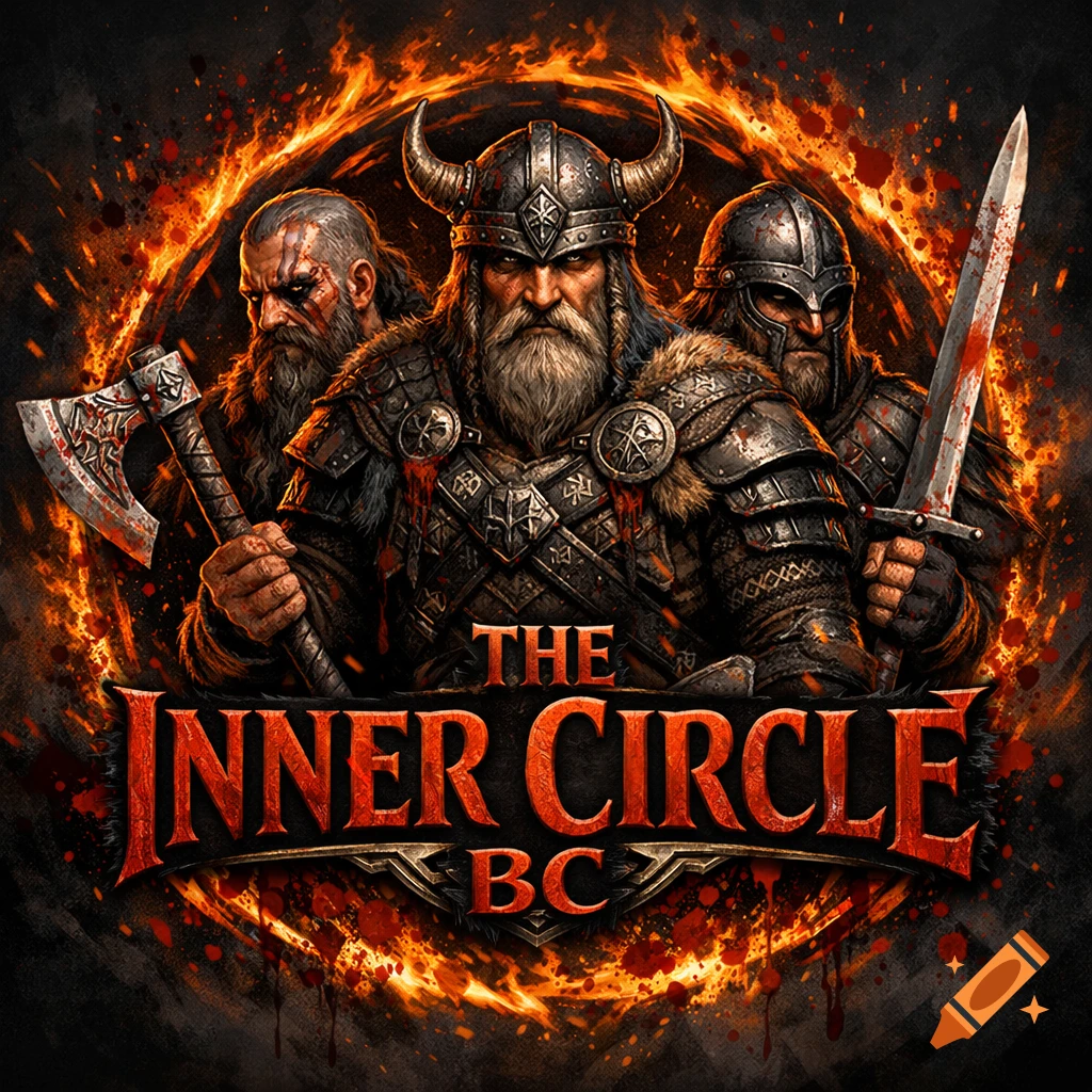 Three fearsome Viking warriors in armor, holding an axe and sword, encircled by fire and blood splatters, with "THE INNER CIRCLE BC" text below.