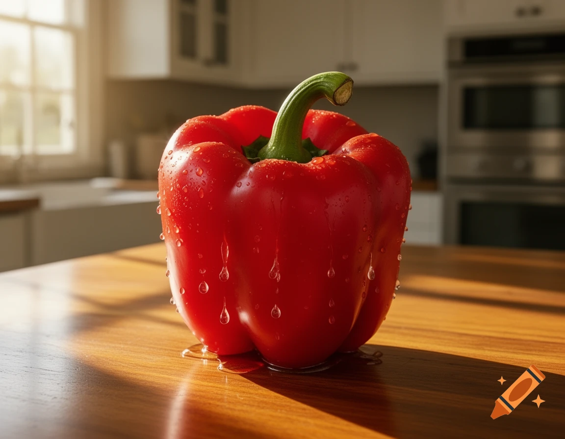 A fresh red bell pepper with water droplets sits on a wooden kitchen counter, lit by natural light from a window.