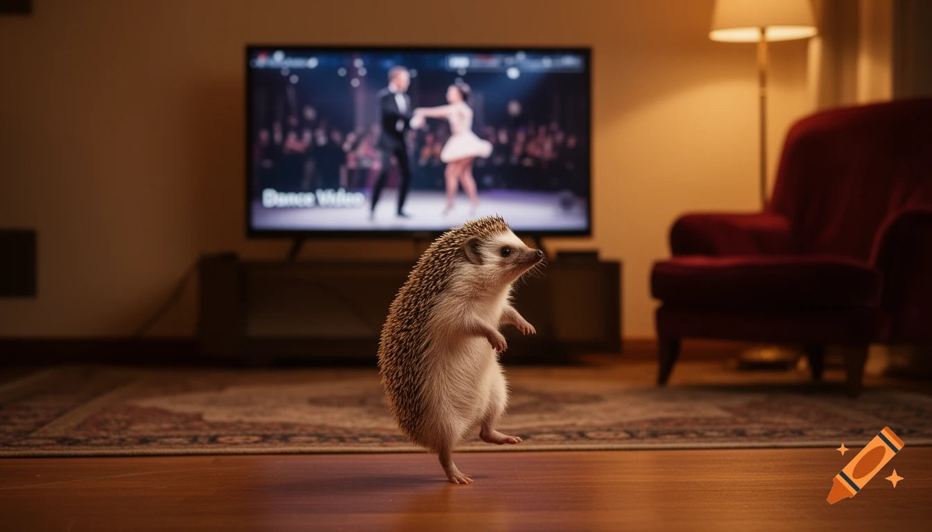 A hedgehog stands on two legs, looking at a TV displaying a dance video in a warm-lit living room.