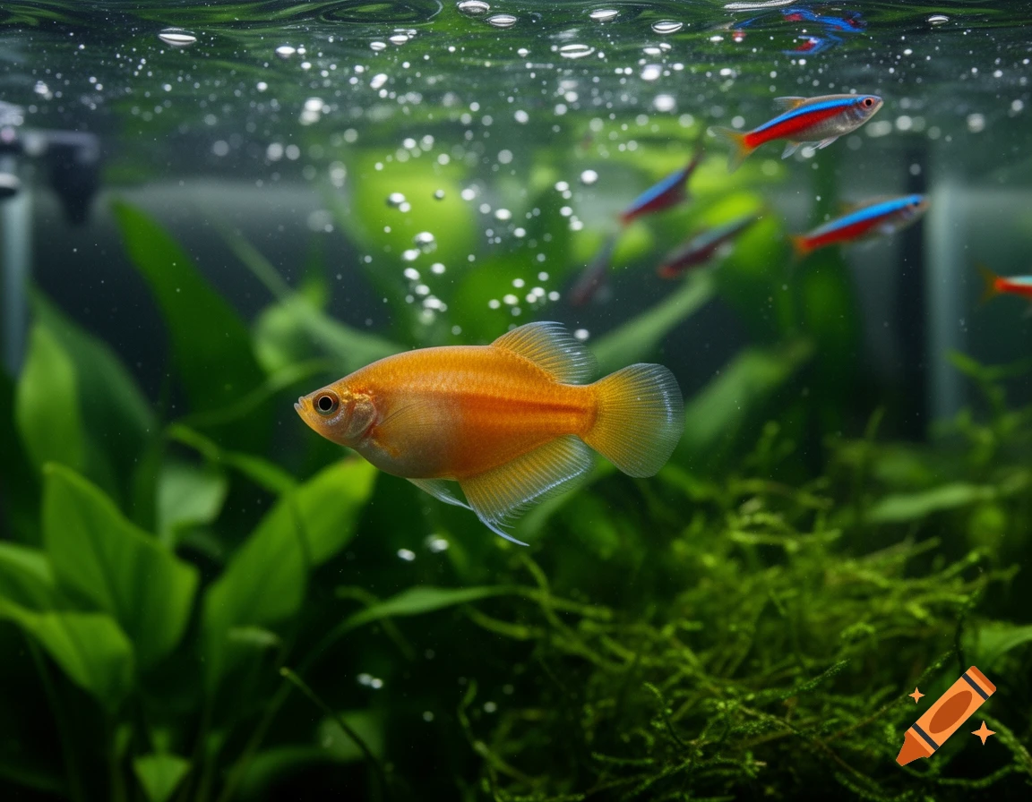 An orange honey gourami fish swims in an aquarium with green plants, small neon tetras, and water bubbles.
