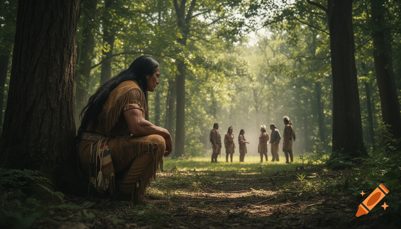 A muscular Native American man crouches behind a tree, observing others in a sunlit forest.