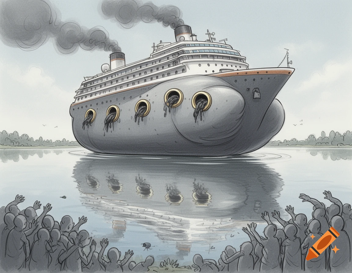 A cartoon of a massive, bulging cruise ship polluting a small lake, with grey figures on shore reaching for water.