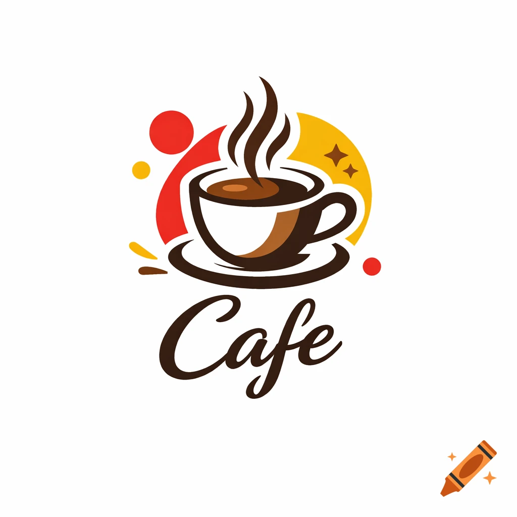 Colorful logo for a cafe featuring a steaming coffee cup with red, yellow, and brown accents, and the word 'Cafe' below.