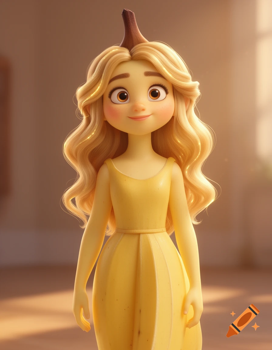 A smiling Pixar-style girl with banana-textured skin, wavy blonde hair, and a banana stem on her head, wearing a yellow dress.