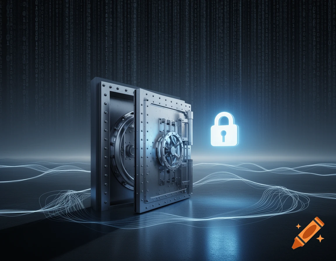A slightly open metallic safe next to a glowing blue padlock icon, with falling binary code in a dark digital environment.