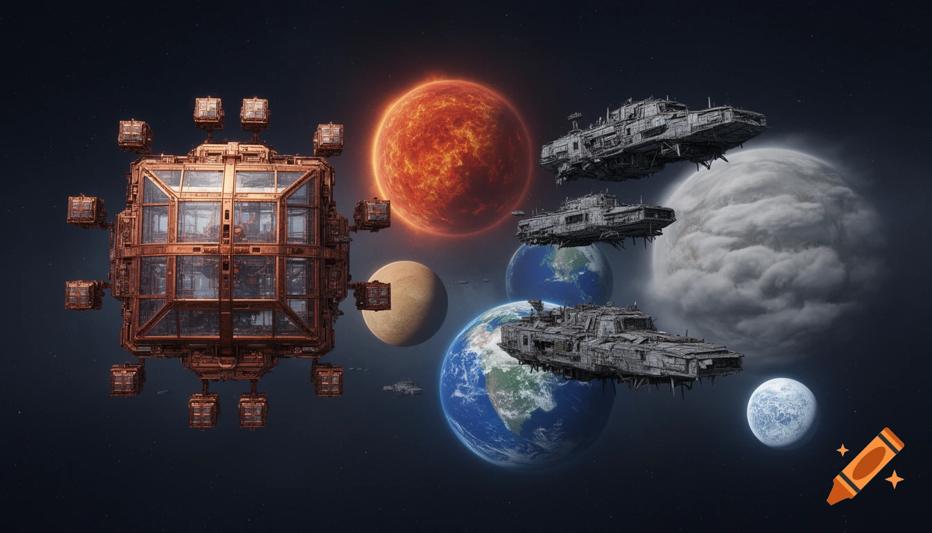 Two fleets of spaceships, one copper and glass, one dingy iron, converge in a solar system with multiple planets.