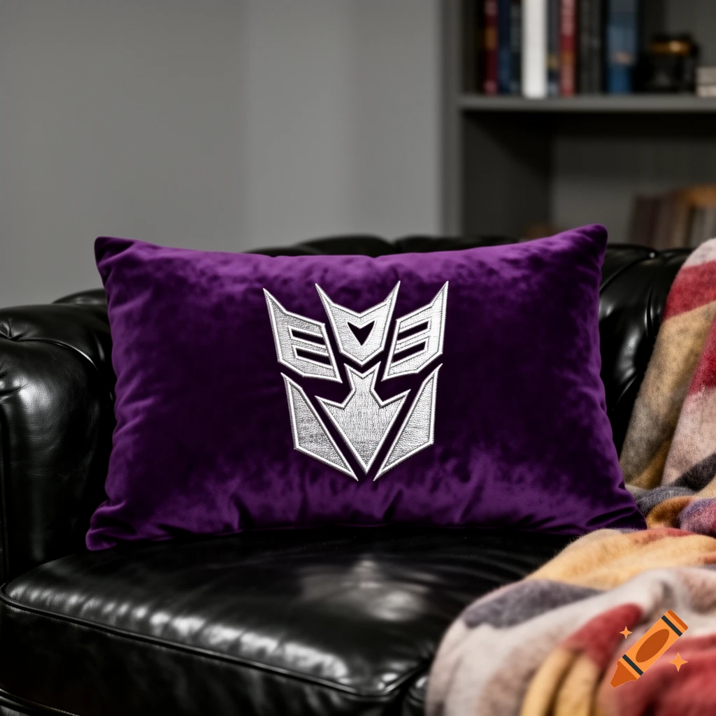 A purple velvet pillow embroidered with the silver Decepticon logo sits on a black leather couch, with a plaid blanket beside it.