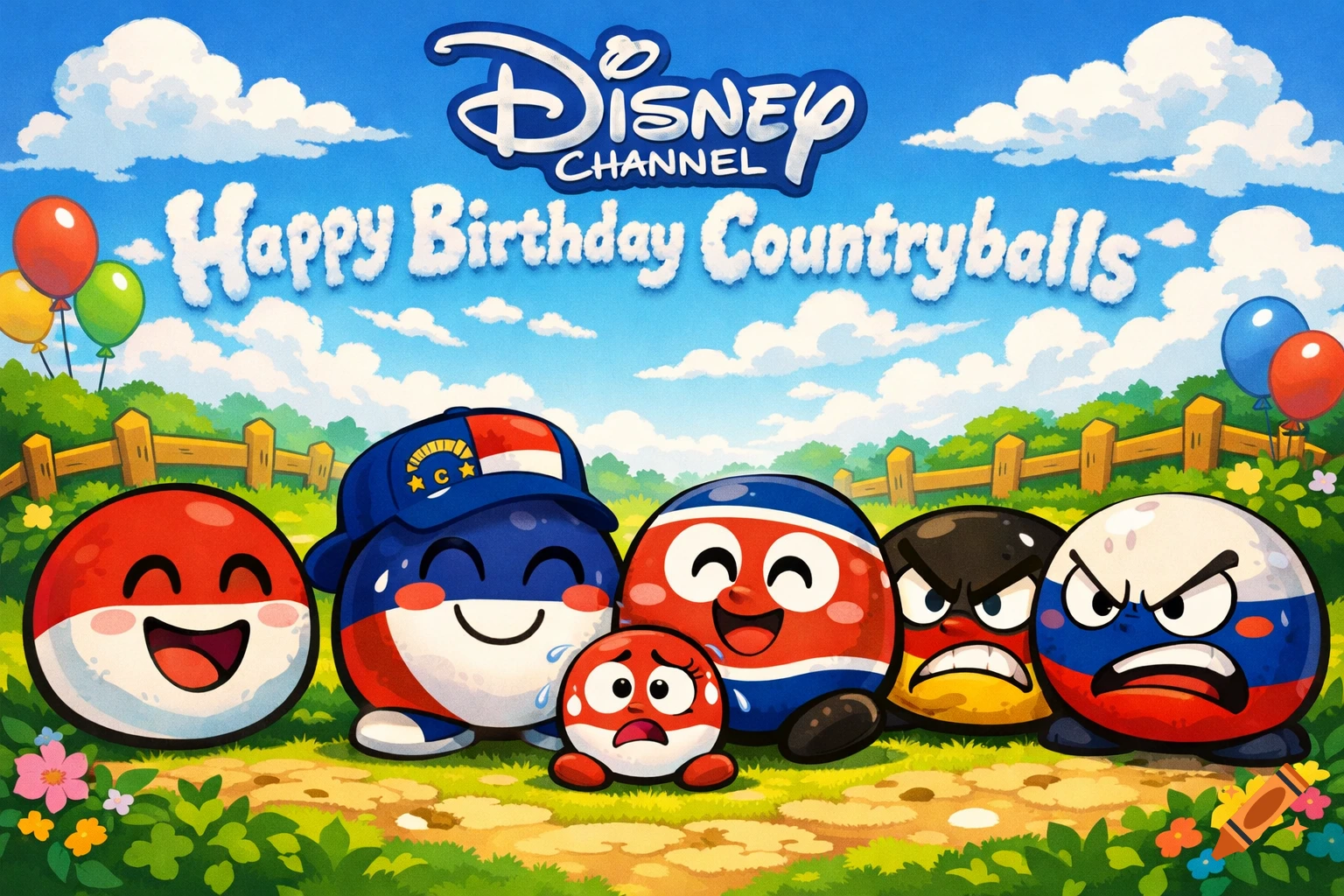 Cartoon countryballs, some happy, some angry, and one scared, celebrate a birthday in a field under a 'Happy Birthday Countryballs' banner and Disney Channel logo.