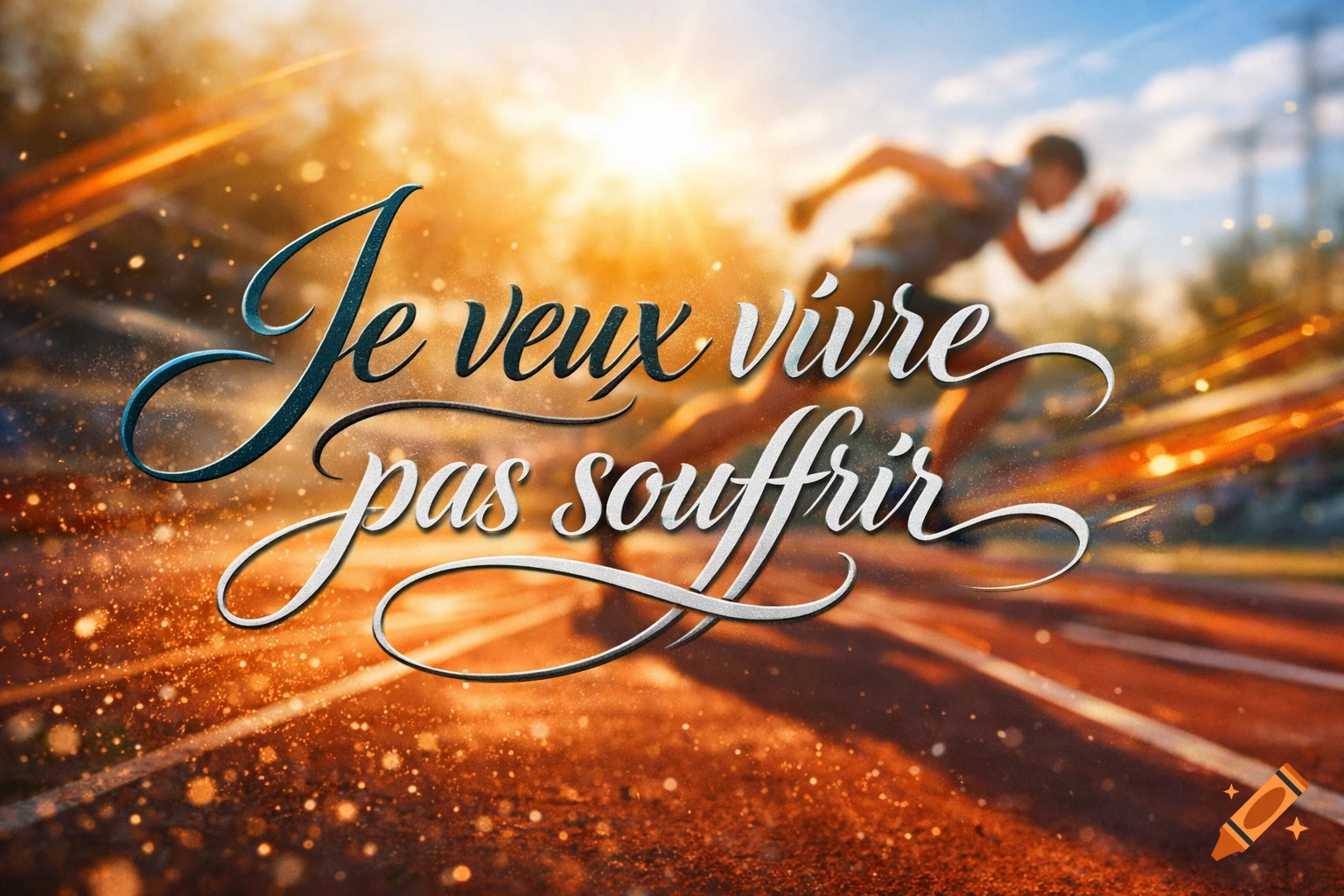 Stylized image of a blurred runner on a track at sunset with glowing particles. Overlayed text reads 'Je veux vivre pas souffrir' in elegant script.