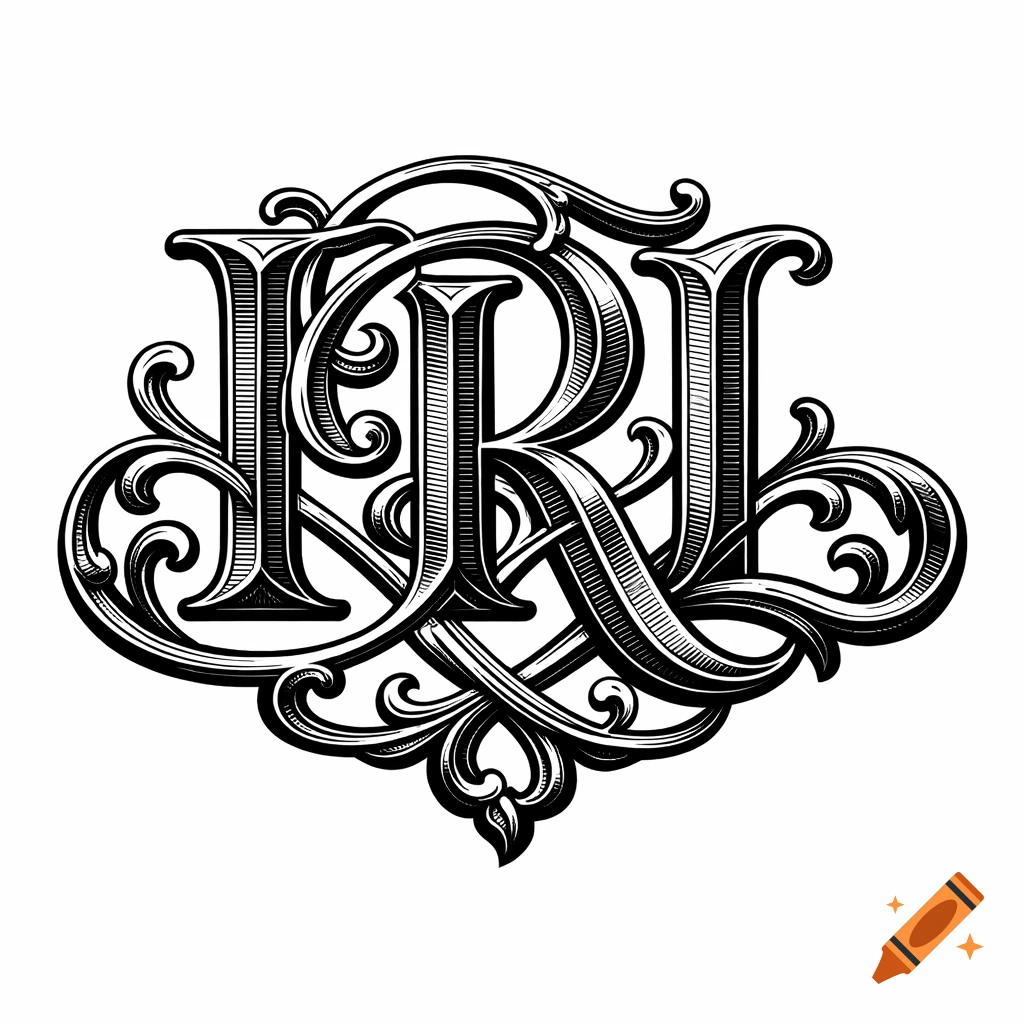 Elegant black and white monogram of 'IRL' letters in a baroque, engraved style with ornate flourishes.