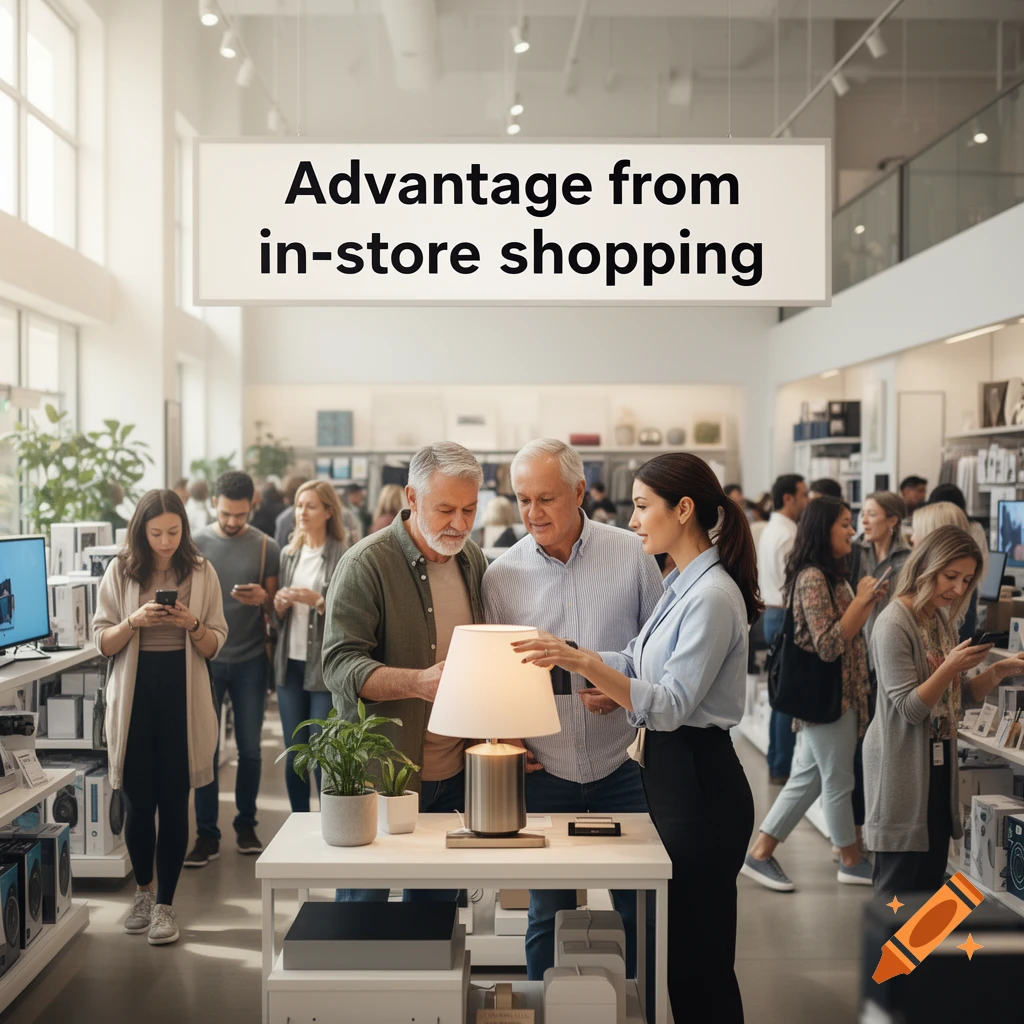 A sales associate helps two male customers examine a lamp in a bright, modern retail store with other shoppers.