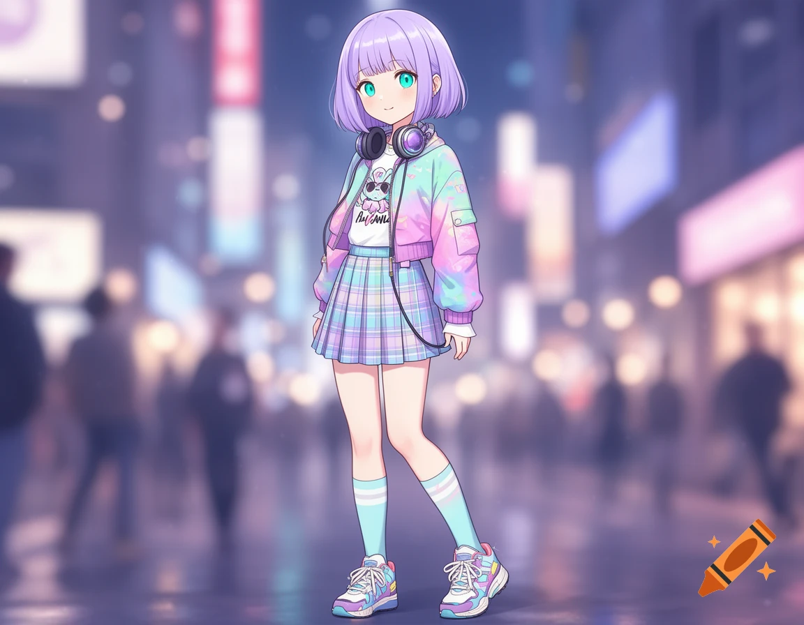 Anime girl with purple hair, headphones, a colorful jacket, and plaid skirt stands in a blurred city street at night.