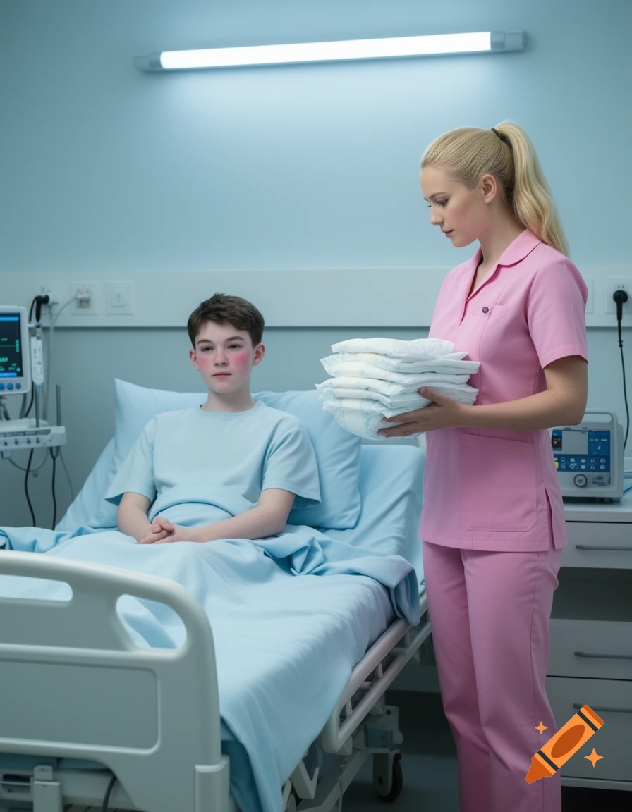 A nurse in a pink uniform holds a stack of diapers while standing next to a blushing male teen patient in a light blue gown lying in a hospital bed.