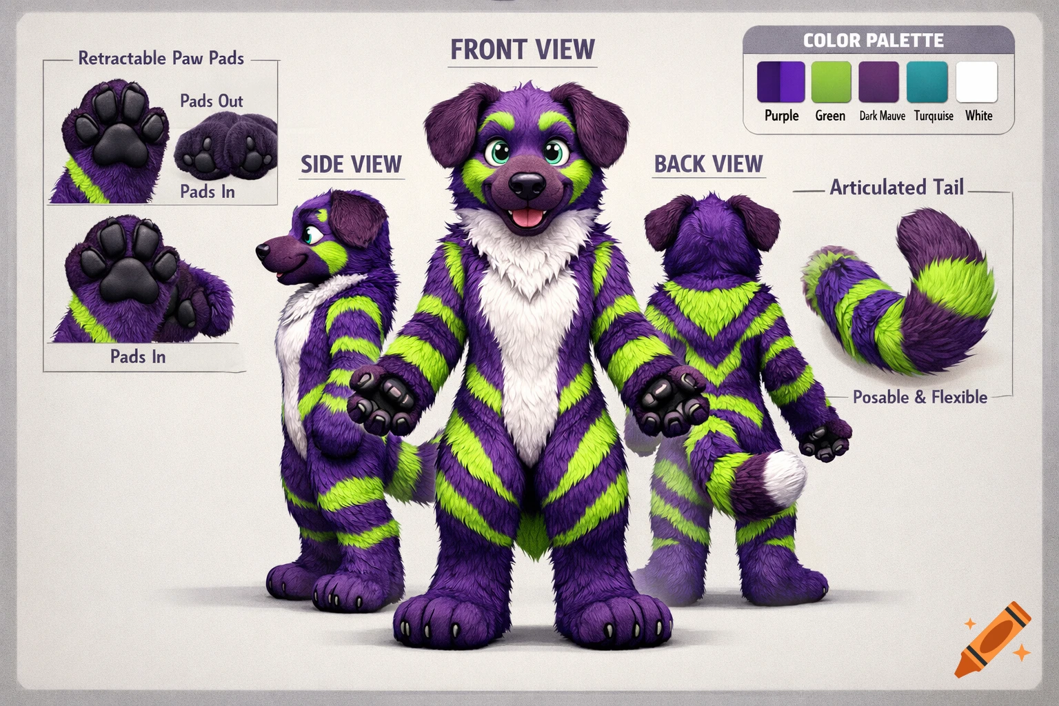A purple and green dog furry character reference sheet showing front, side, and back views, paw details, tail, and a color palette.