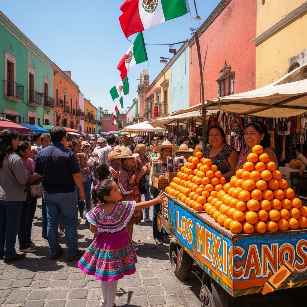 A bustling Mexican street market with colorful buildings, flags, and a little girl reaching for oranges on a cart labeled "LOS MEXICANOS".
