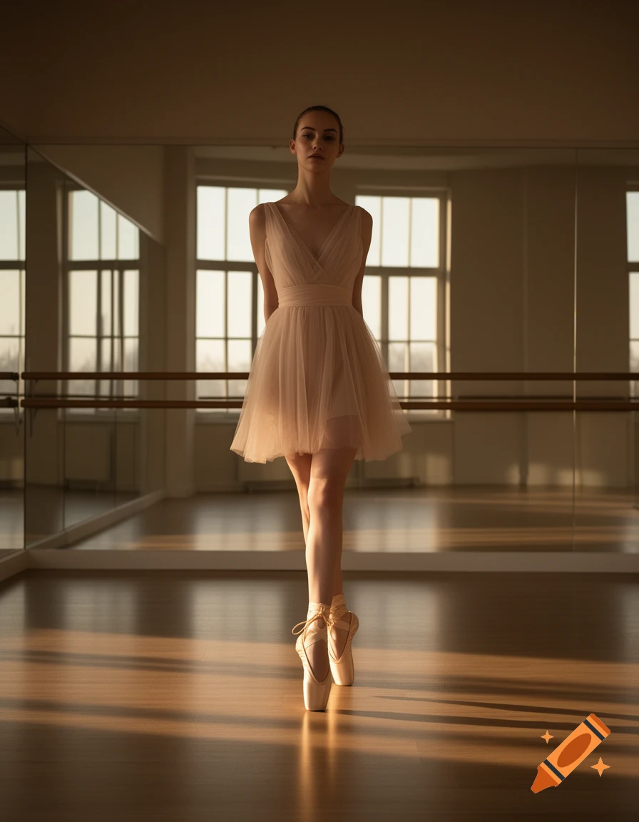 A ballerina in a light pink leotard and pointe shoes stands en pointe in a sunlit dance studio with mirrors and windows.