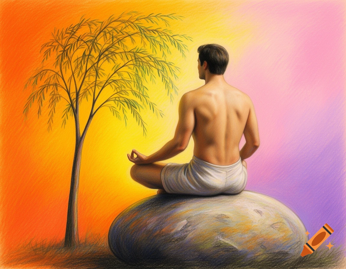 Man in white shorts meditating on a rock beside a tree, against a vibrant orange, yellow, pink, and purple pastel background.