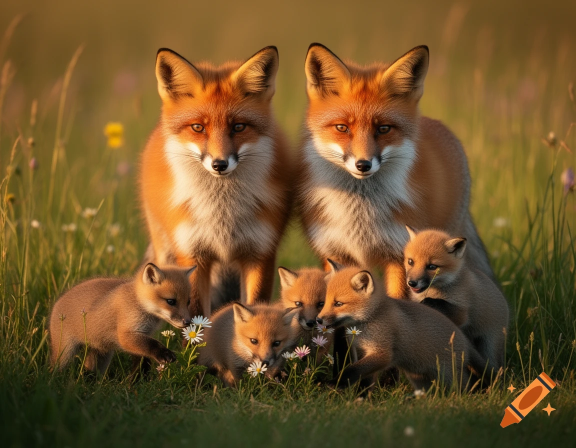 Two adult red foxes stand with five kits in a sunlit grassy field with small white and pink wildflowers.