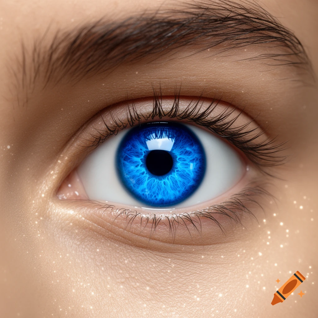 Extreme close-up of a human eye with a vibrant blue iris and prominent eyelashes, featuring subtle sparkling effects.