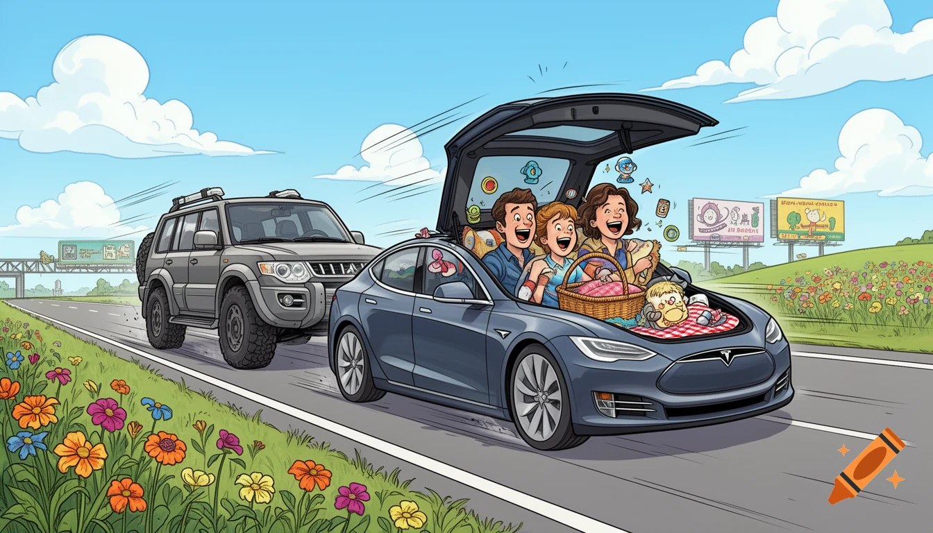 A joyful cartoon family rides in the front trunk of a blue Tesla towing a grey SUV on a highway lined with wildflowers.