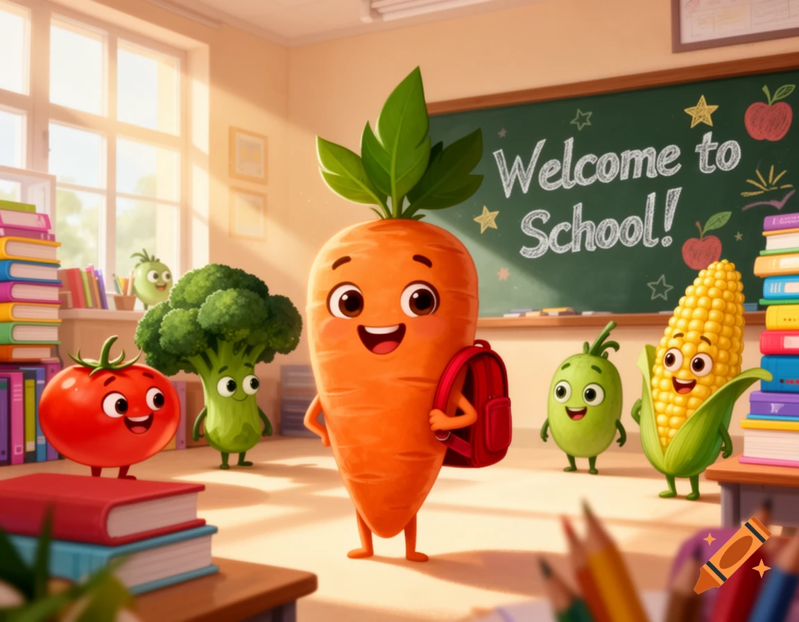 Smiling cartoon vegetable characters like a carrot with a backpack, broccoli, tomato, peas, and corn in a bright classroom with a 'Welcome to School!' blackboard.